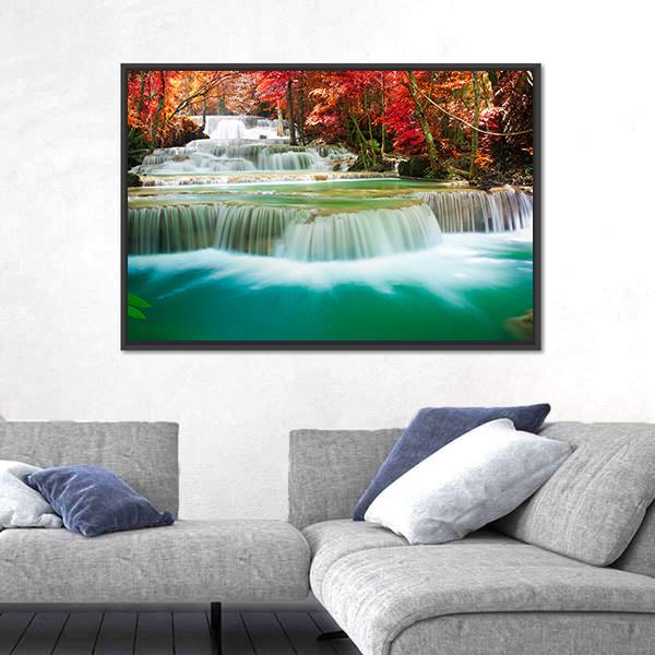 Waterfall In Autumn Tree Forest Canvas Wall Art-5 Horizontal-Gallery Wrap-22" x 12"-Tiaracle