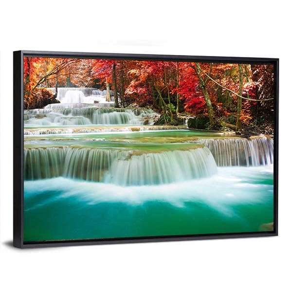 Waterfall In Autumn Tree Forest Canvas Wall Art-5 Horizontal-Gallery Wrap-22" x 12"-Tiaracle