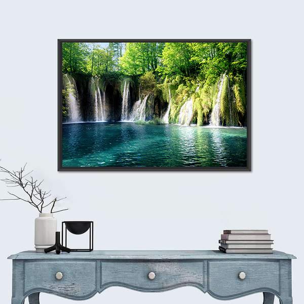 Waterfall In Forest Plitvice Croatia Canvas Wall Art-1 Piece-Floating Frame-36" x 24"-Tiaracle