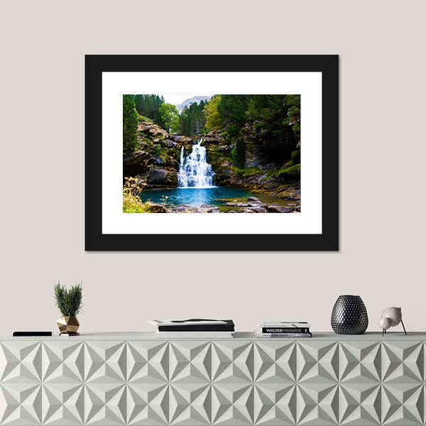 Waterfall In Monter Perdido Spain Canvas Wall Art-1 Piece-Framed Print-42" x 14"-Tiaracle