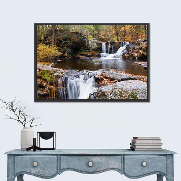 Waterfall In Mountain Canvas Wall Art-1 Piece-Floating Frame-36" x 24"-Tiaracle