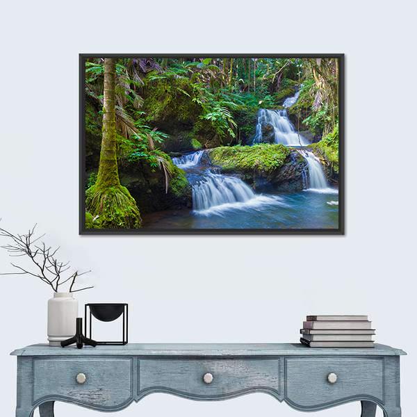Waterfall In Rainforest Hawaii Canvas Wall Art-1 Piece-Floating Frame-36" x 24"-Tiaracle