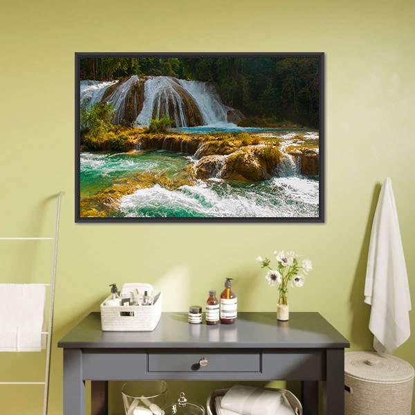 Waterfall Of Agua Azul Canvas Wall Art-1 Piece-Floating Frame-36" x 24"-Tiaracle