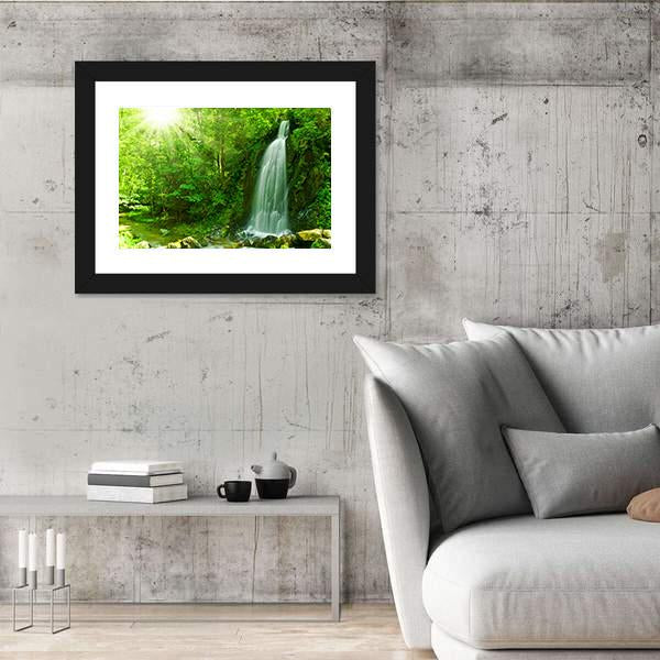 Waterfall Through Green Forest Canvas Wall Art-5 Horizontal-Gallery Wrap-22" x 12"-Tiaracle