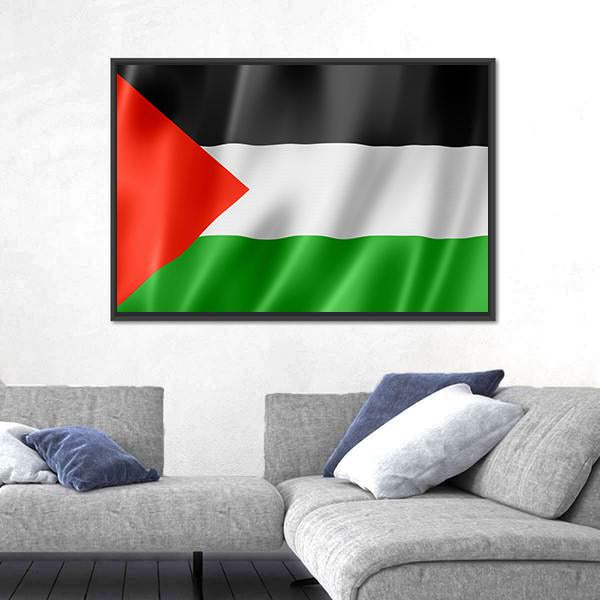 Waving Palestinian Flag Canvas Wall Art in black, red and green, framed canvas, product view on a white background