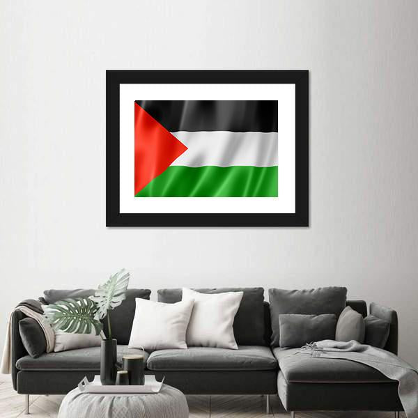 Waving Palestinian Flag Canvas Wall Art in black, red and green, framed print, product view on a white background