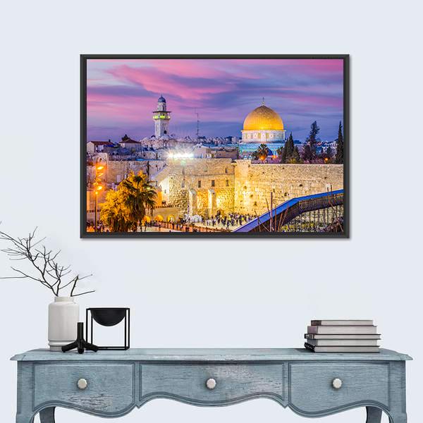 Western and Temple Mount in Jerusalem Canvas Wall Art in gold, blue and purple, hung on a wall