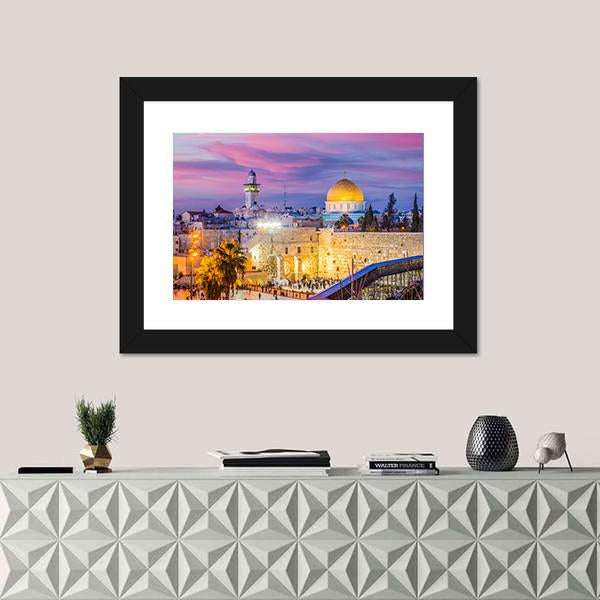 Western and Temple Mount in Jerusalem Canvas Wall Art in gold, blue and purple, hung on a wall