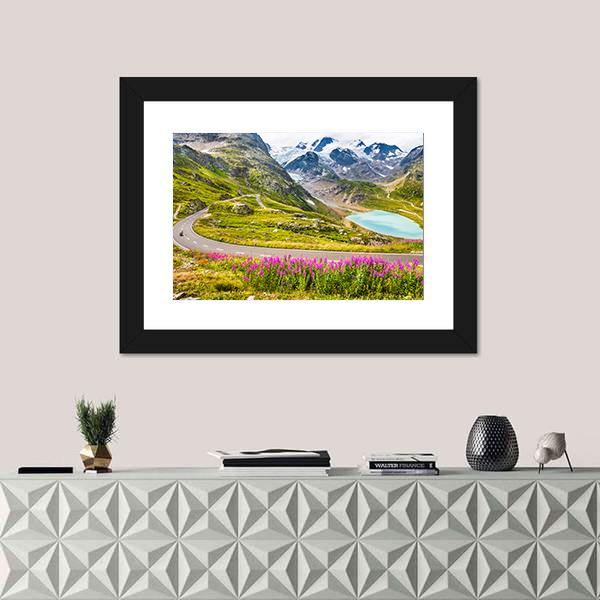 Winding Mountain Pass Road In Italian Alps Canvas Wall Art-1 Piece-Framed Print-42" x 14"-Tiaracle