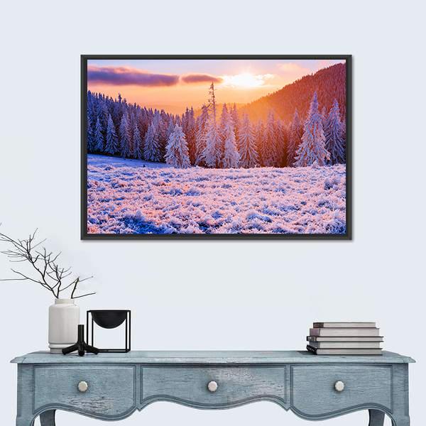 Winter Landscape Trees In Frost Canvas Wall Art-1 Piece-Floating Frame-36" x 24"-Tiaracle