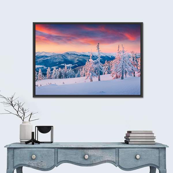 Winter Sunrise In The Snowy Mountains Canvas Wall Art-1 Piece-Floating Frame-36" x 24"-Tiaracle
