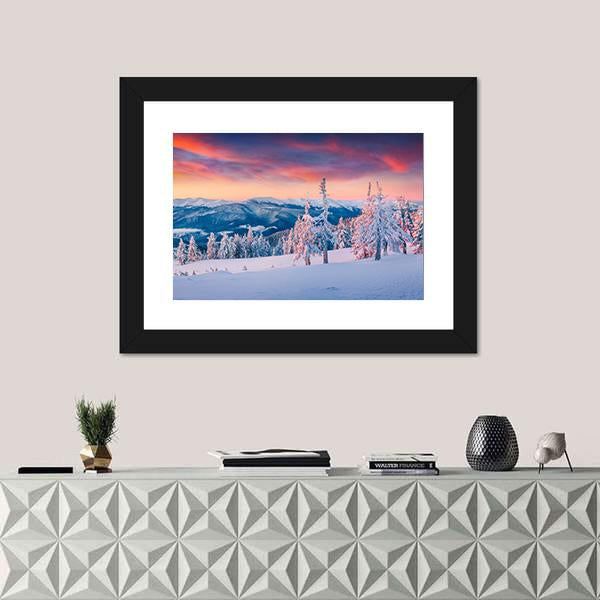 Winter Sunrise In The Snowy Mountains Canvas Wall Art-1 Piece-Framed Print-30" x 20"-Tiaracle