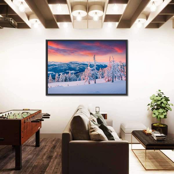 Winter Sunrise In The Snowy Mountains Canvas Wall Art-5 Horizontal-Gallery Wrap-22" x 12"-Tiaracle