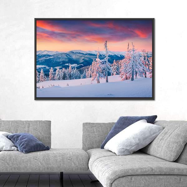 Winter Sunrise In The Snowy Mountains Canvas Wall Art-5 Horizontal-Gallery Wrap-22" x 12"-Tiaracle