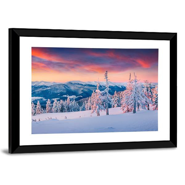Winter Sunrise In The Snowy Mountains Canvas Wall Art-5 Horizontal-Gallery Wrap-22" x 12"-Tiaracle