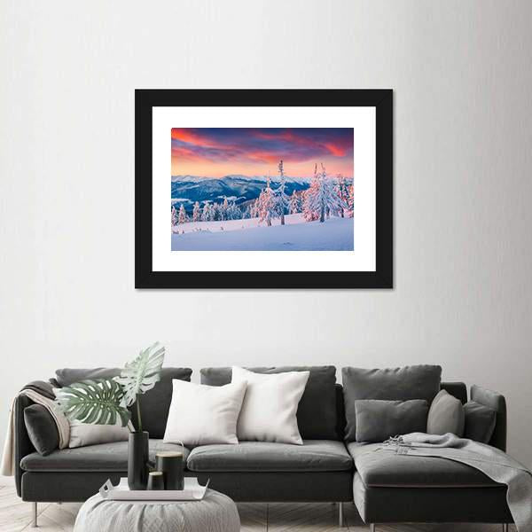 Winter Sunrise In The Snowy Mountains Canvas Wall Art-5 Horizontal-Gallery Wrap-22" x 12"-Tiaracle