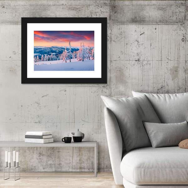 Winter Sunrise In The Snowy Mountains Canvas Wall Art-5 Horizontal-Gallery Wrap-22" x 12"-Tiaracle