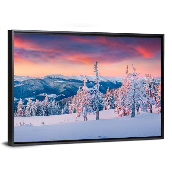 Winter Sunrise In The Snowy Mountains Canvas Wall Art-5 Horizontal-Gallery Wrap-22" x 12"-Tiaracle