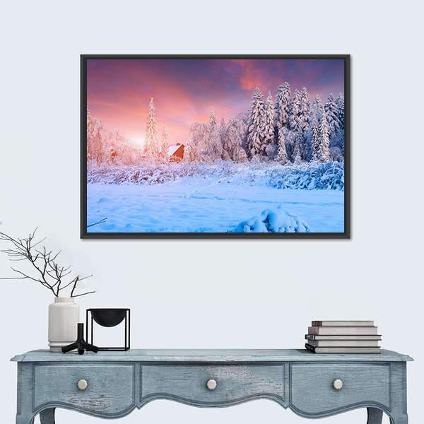 Winter Sunset In The Mountain Village Ukraine Canvas Wall Art-1 Piece-Floating Frame-36" x 24"-Tiaracle