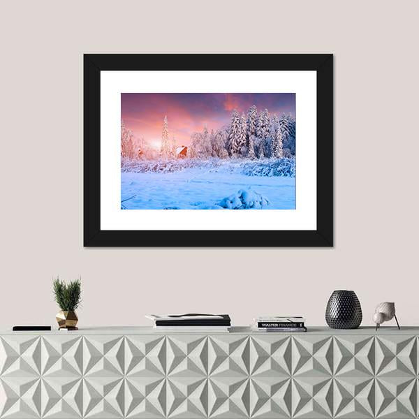 Winter Sunset In The Mountain Village Ukraine Canvas Wall Art-1 Piece-Framed Print-30" x 20"-Tiaracle