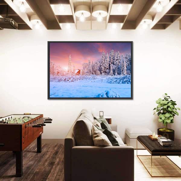 Winter Sunset In The Mountain Village Ukraine Canvas Wall Art-5 Horizontal-Gallery Wrap-22" x 12"-Tiaracle