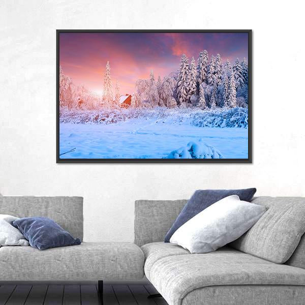 Winter Sunset In The Mountain Village Ukraine Canvas Wall Art-5 Horizontal-Gallery Wrap-22" x 12"-Tiaracle