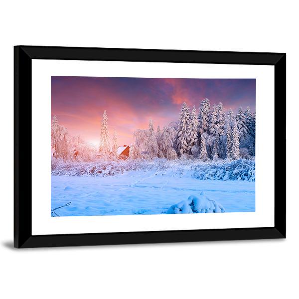 Winter Sunset In The Mountain Village Ukraine Canvas Wall Art-5 Horizontal-Gallery Wrap-22" x 12"-Tiaracle