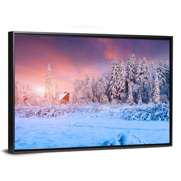 Winter Sunset In The Mountain Village Ukraine Canvas Wall Art-5 Horizontal-Gallery Wrap-22" x 12"-Tiaracle