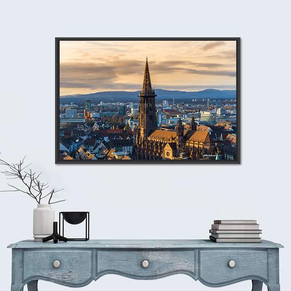 Winter Sunset Over Freiburg Im Breisgau Canvas Wall Art-1 Piece-Floating Frame-36" x 24"-Tiaracle