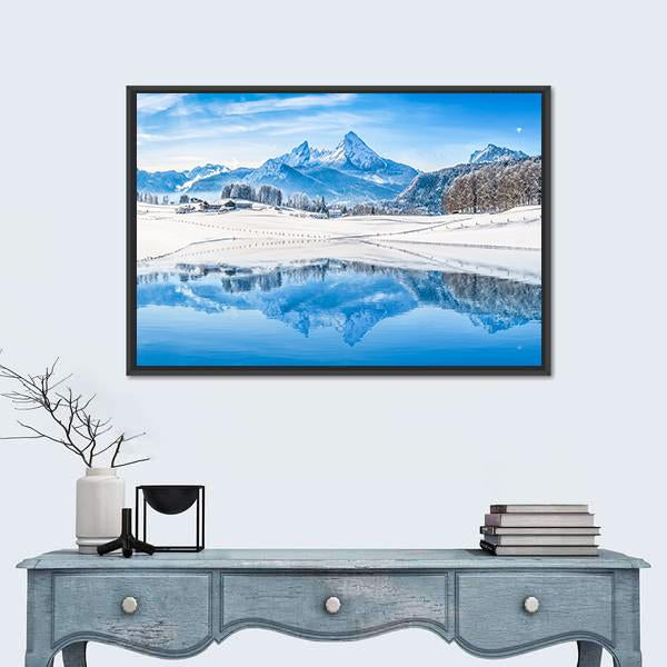 Winter Wonderland & Lake In Alps Canvas Wall Art-1 Piece-Floating Frame-24" x 16"-Tiaracle