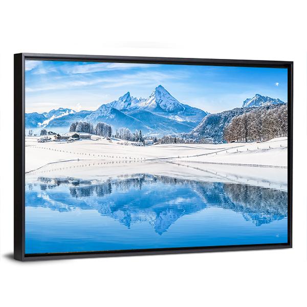 Winter Wonderland & Lake In Alps Canvas Wall Art-3 Horizontal-Gallery Wrap-25" x 16"-Tiaracle