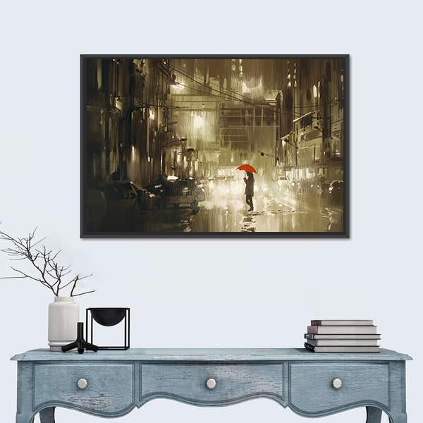 Woman In Rainy Night Illustration Canvas Wall Art-1 Piece-Floating Frame-24" x 16"-Tiaracle