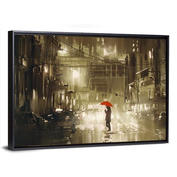 Woman In Rainy Night Illustration Canvas Wall Art-3 Horizontal-Gallery Wrap-25" x 16"-Tiaracle