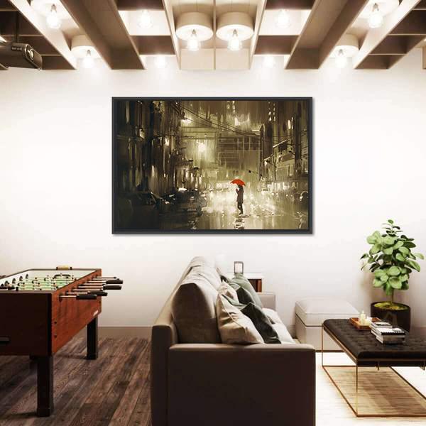 Woman In Rainy Night Illustration Canvas Wall Art-3 Horizontal-Gallery Wrap-25" x 16"-Tiaracle