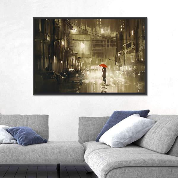 Woman In Rainy Night Illustration Canvas Wall Art-3 Horizontal-Gallery Wrap-25" x 16"-Tiaracle