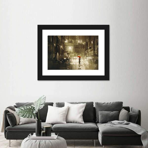 Woman In Rainy Night Illustration Canvas Wall Art-3 Horizontal-Gallery Wrap-25" x 16"-Tiaracle