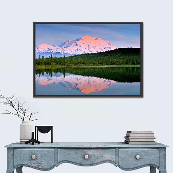 Wonder Lake Reflection Canvas Wall Art in white, blue and pink, framed canvas, product view on a white background