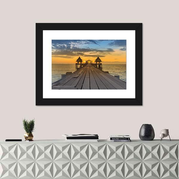 Wooden Path Leading To Seacoast Canvas Wall Art-1 Piece-Framed Print-42" x 14"-Tiaracle