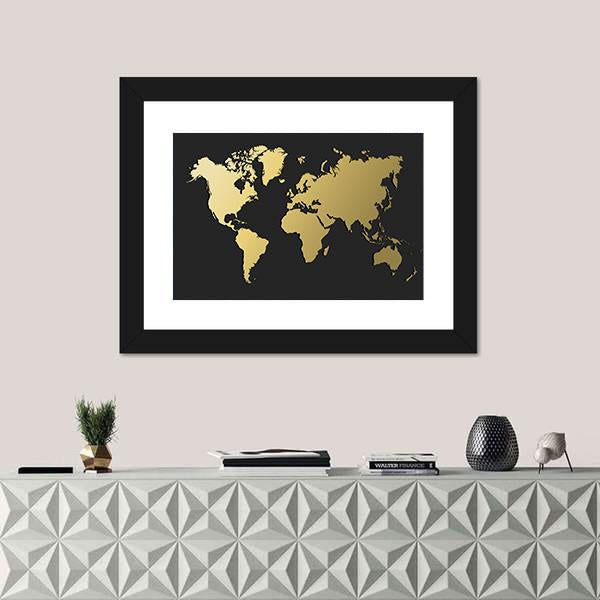 World Map Silhouette In Gold Color Canvas Wall Art-1 Piece-Framed Print-30" x 20"-Tiaracle