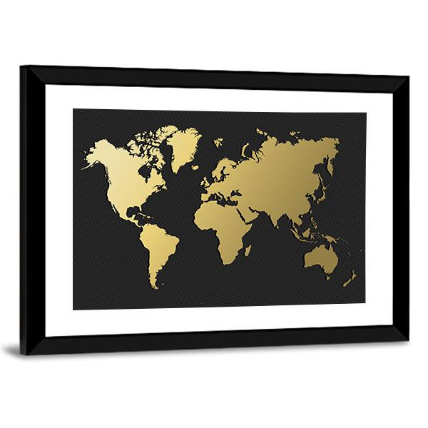 World Map Silhouette In Gold Color Canvas Wall Art-5 Horizontal-Gallery Wrap-22" x 12"-Tiaracle
