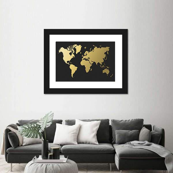 World Map Silhouette In Gold Color Canvas Wall Art-5 Horizontal-Gallery Wrap-22" x 12"-Tiaracle