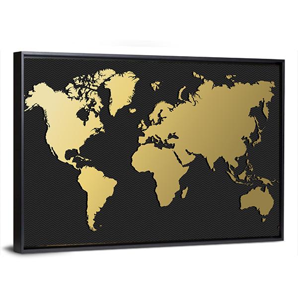 World Map Silhouette In Gold Color Canvas Wall Art-5 Horizontal-Gallery Wrap-22" x 12"-Tiaracle