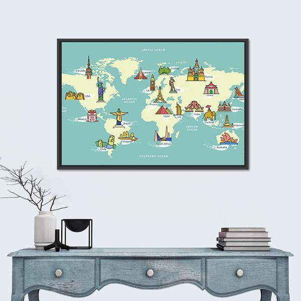 World Map With Landmark Of Famous Country Symbol Canvas Wall Art-1 Piece-Floating Frame-36" x 24"-Tiaracle