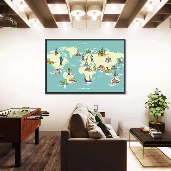 World Map With Landmark Of Famous Country Symbol Canvas Wall Art-5 Horizontal-Gallery Wrap-22" x 12"-Tiaracle