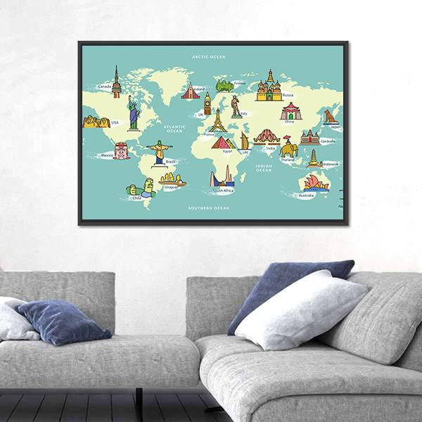 World Map With Landmark Of Famous Country Symbol Canvas Wall Art-5 Horizontal-Gallery Wrap-22" x 12"-Tiaracle