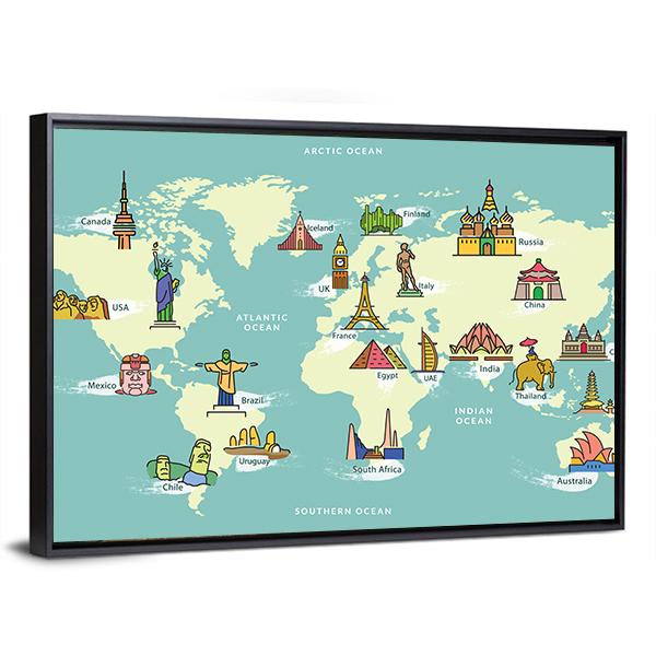World Map With Landmark Of Famous Country Symbol Canvas Wall Art-5 Horizontal-Gallery Wrap-22" x 12"-Tiaracle