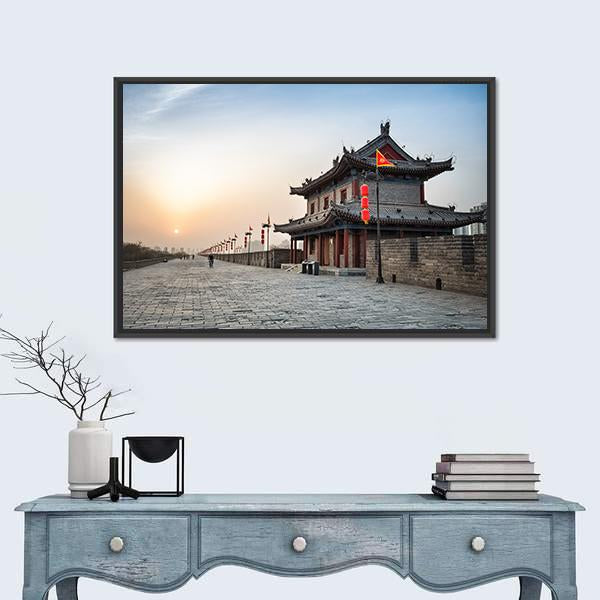 Xian City Wall And Ancient Tower Canvas Wall Art-1 Piece-Floating Frame-36" x 24"-Tiaracle