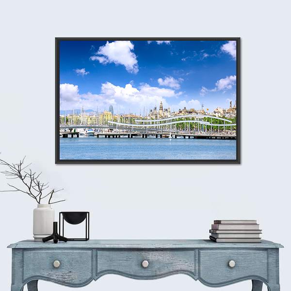 Yachts In Barcelona Sea Port Canvas Wall Art-1 Piece-Floating Frame-24" x 16"-Tiaracle