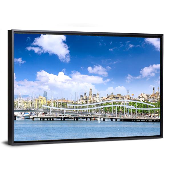 Yachts In Barcelona Sea Port Canvas Wall Art-3 Horizontal-Gallery Wrap-25" x 16"-Tiaracle