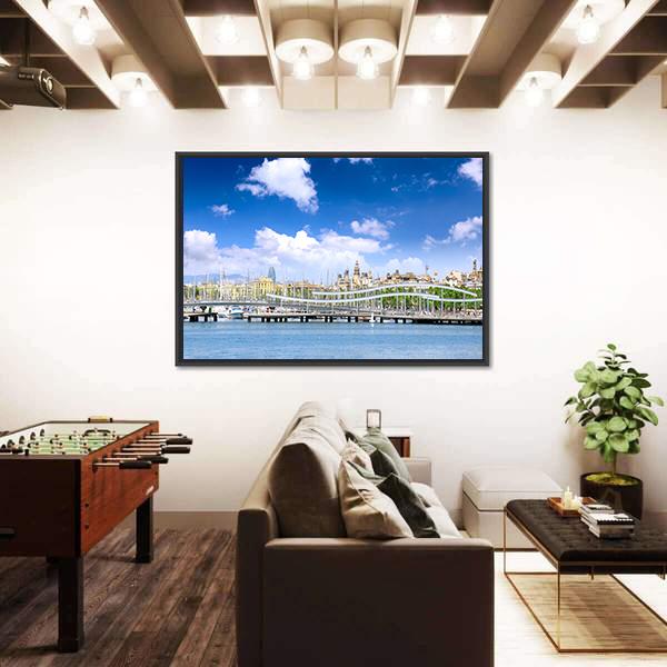 Yachts In Barcelona Sea Port Canvas Wall Art-3 Horizontal-Gallery Wrap-25" x 16"-Tiaracle
